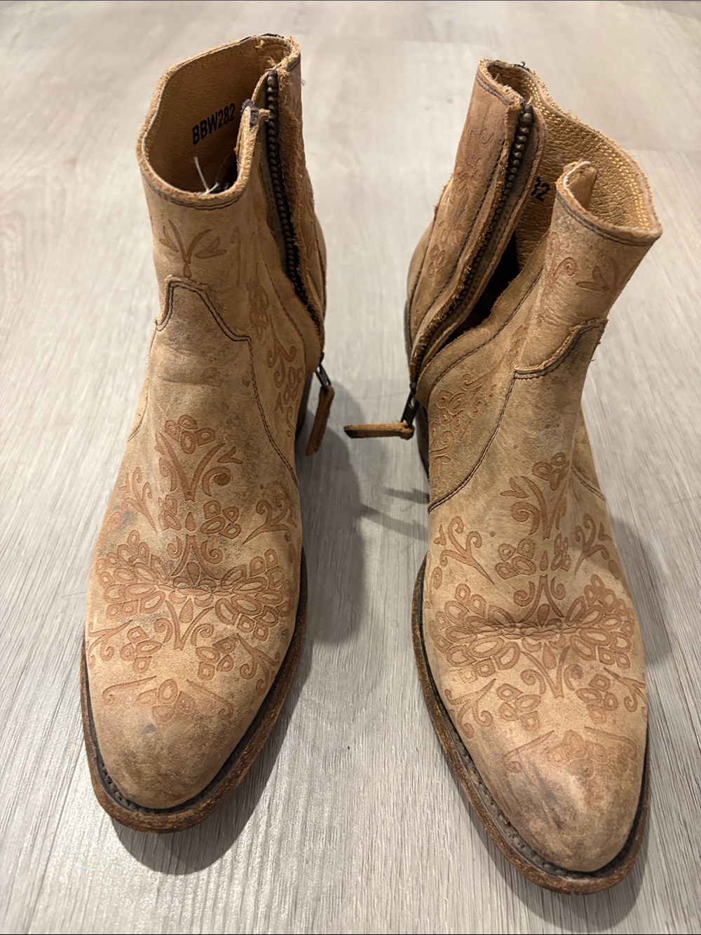 Shyanne Tan Embossed Ankle Booties with Side Zip